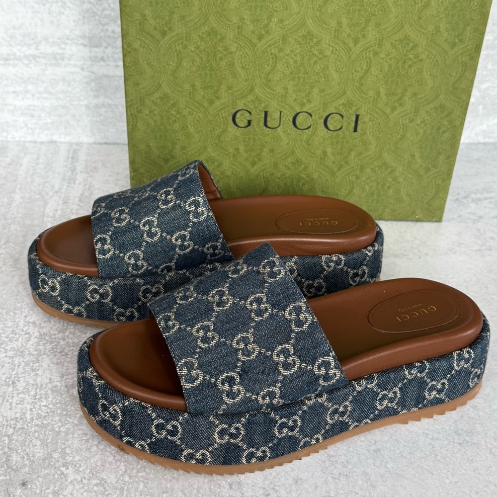 Gucci Denim Monogram Slide Sandals